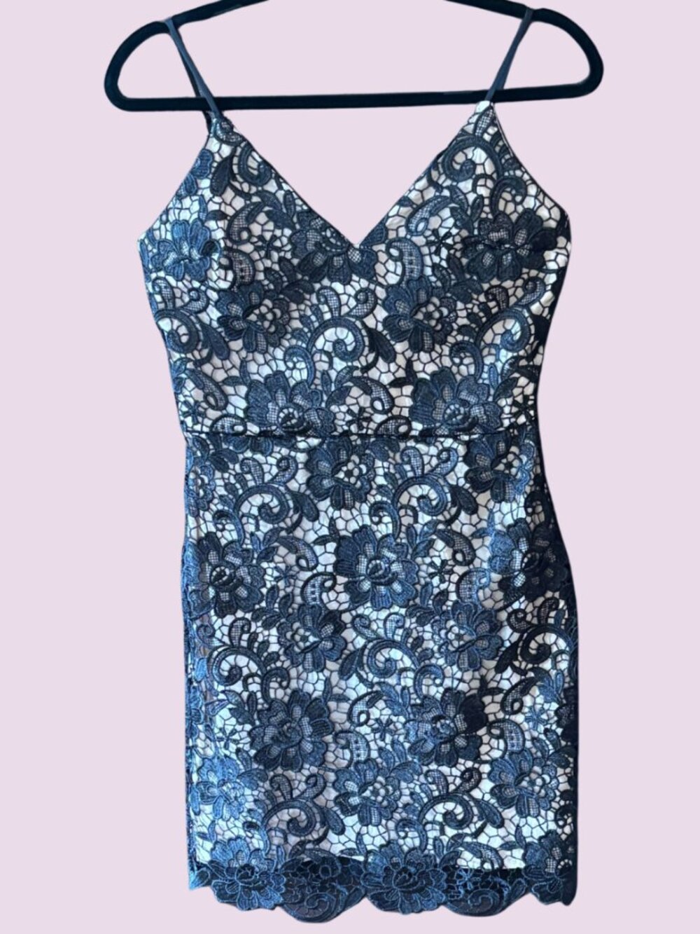Little Black Dress Crochet Floral Lace Bodycon Mini Dress Nude Lined Size 4